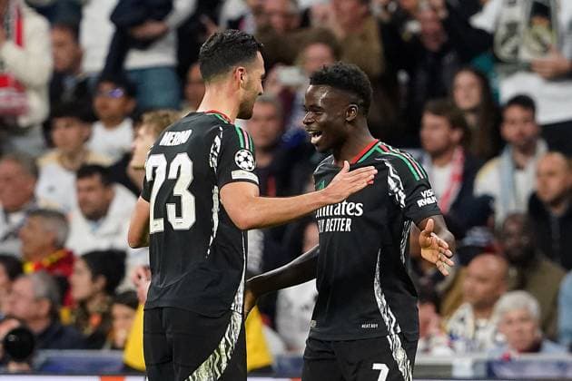 REAL MADRID CF v ARSENAL FC. CHAMPIONS LEAGUE 2024 2025. ROUND OF 8. 2ND LEG MATCH. Arsenal FC s Mikel Merino (l) and Bukayo Saka celebrate goal during Champions League 2024 2025 Round of 8 2nd leg match. April 16,2025. (ALTERPHOTOS Acero) MadridSpain  Copyright: xAcerox