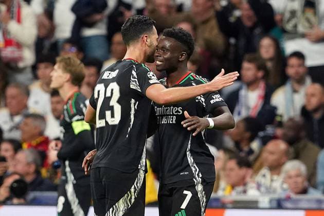 REAL MADRID CF v ARSENAL FC. CHAMPIONS LEAGUE 2024 2025. ROUND OF 8. 2ND LEG MATCH. Arsenal FC s Mikel Merino (l) and Bukayo Saka celebrate goal during Champions League 2024 2025 Round of 8 2nd leg match. April 16,2025. (ALTERPHOTOS Acero) MadridSpain  Copyright: xAcerox