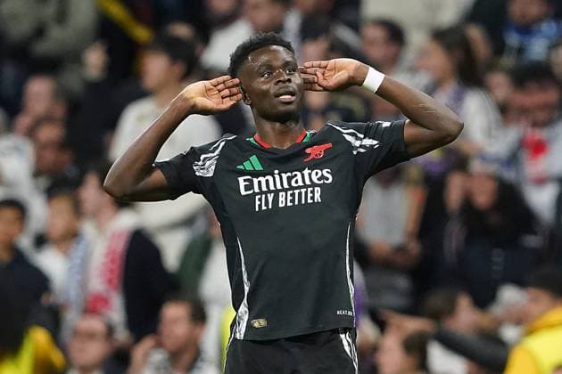 REAL MADRID CF v ARSENAL FC. CHAMPIONS LEAGUE 2024 2025. ROUND OF 8. 2ND LEG MATCH. Arsenal FC s Bukayo Saka celebrates goal during Champions League 2024 2025 Round of 8 2nd leg match. April 16,2025. (ALTERPHOTOS Acero) MadridSpain  Copyright: xAcerox