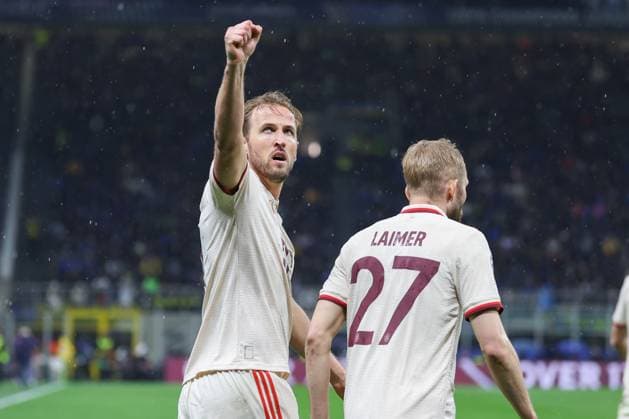 Goal celebration, cheers after his goal for 1 0 by Harry Kane FC Bayern Muenchen , Inter Milan vs FC Bayern Muenchen, Soccer, Champions League, Quarterfinal, Second leg, 16 04 2025 Copyright: xkolbert-press ChristianxKolbertx