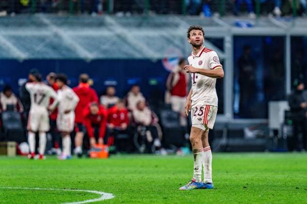 16 04 2025, Inter Milan vs FC Bayern Munich, UEFA Champions League, quarter-final second leg Thomas Müller FC Bayern Muenchen, 25 unhappy unhappy annoyed angry sad facial expressions gestures Copyright: xBahhoxKarax