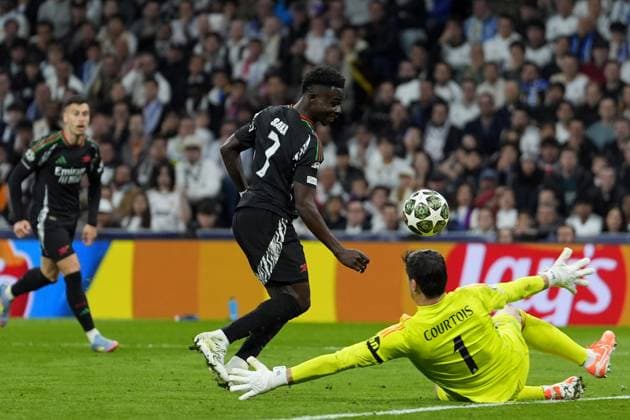 Sport Bilder des Tages Cc Madrid 16 04 2025 - Champions League Real Madrid-Arsenal foto Cesar Cebolla Image nella foto: gol Bukayo Saka 