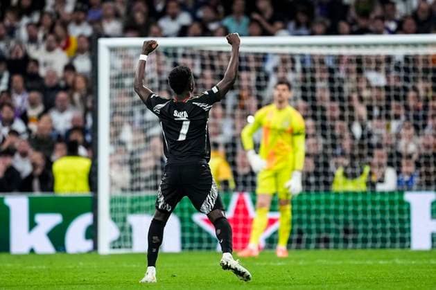 April 16, 2025, Madrid, Madrid, SPAIN: Bukayo Saka of Arsenal celebrates a goal during the UEFA Champions League 2024 25 Quarter Final Second Leg match between Real Madrid C.F. and Arsenal FC at Santiago Bernabeu stadium on April 16, 2025, in Madrid, Spain. Madrid SPAIN - ZUMAa181 20250416_zaa_a181_133 Copyright: xOscarxJ.xBarrosox