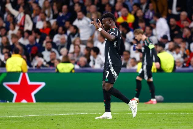 April 16, 2025, Madrid, Madrid, SPAIN: Bukayo Saka of Arsenal FC celebrates a goal during the UEFA Champions League 2024 25 Quarter Final Second Leg match between Real Madrid C.F. and Arsenal FC at Santiago Bernabeu stadium on April 16, 2025, in Madrid, Spain. Madrid SPAIN - ZUMAa181 20250416_zaa_a181_134 Copyright: xDennisxAgyemanx