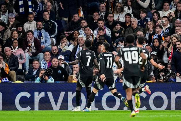 April 16, 2025, Madrid, Madrid, SPAIN: Bukayo Saka of Arsenal celebrates a goal during the UEFA Champions League 2024 25 Quarter Final Second Leg match between Real Madrid C.F. and Arsenal FC at Santiago Bernabeu stadium on April 16, 2025, in Madrid, Spain. Madrid SPAIN - ZUMAa181 20250416_zaa_a181_141 Copyright: xOscarxJ.xBarrosox