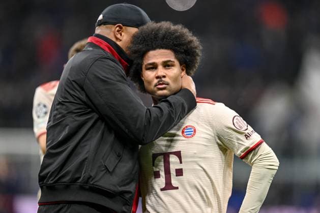 Coach Vincent Kompany FC Bayern Muenchen and Serge Gnabry FC Bayern Muenchen gestures during the UEFA Champions League 2024 25 Quarter Final Second Leg match between FC Internazionale Milano and FC Bayern München at San Siro on April 16, 2025 in Milan, Italy Photo by Harry Langer DeFodi Images