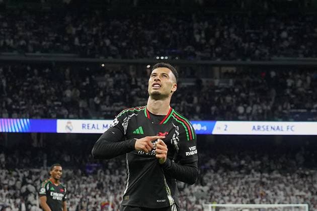 REAL MADRID CF v ARSENAL FC. CHAMPIONS LEAGUE 2024 2025. ROUND OF 8. 2ND LEG MATCH. Arsenal FC s Gabriel Martinelli celebrates goal during Champions League 2024 2025 Round of 8 2nd leg match. April 16,2025. (ALTERPHOTOS Acero) MadridSpain  Copyright: xAcerox