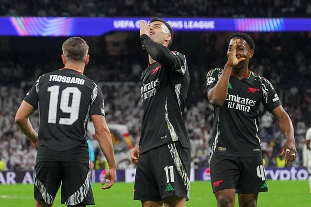 REAL MADRID CF v ARSENAL FC. CHAMPIONS LEAGUE 2024 2025. ROUND OF 8. 2ND LEG MATCH. Arsenal FC s Gabriel Martinelli and Myles Lewis-Skelly celebrate goal during Champions League 2024 2025 Round of 8 2nd leg match. April 16,2025. (ALTERPHOTOS Acero) MadridSpain  Copyright: xAcerox