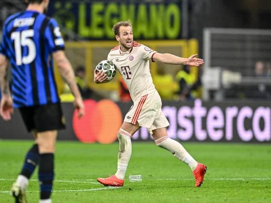 Harry Kane FC Bayern Muenchen gestures during the UEFA Champions League 2024 25 Quarter Final Second Leg match between FC Internazionale Milano and FC Bayern München at San Siro on April 16, 2025 in Milan, Italy Photo by Harry Langer DeFodi Images