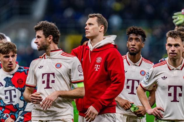 16 04 2025, Inter Milan vs FC Bayern Munich, UEFA Champions League, quarter-final second leg Thomas Müller FC Bayern Munich, 25 unhappy unhappy annoyed angry sad facial expressions Manuel Neuer FC Bayern Munich, 1 Joshua Kimmich FC Bayern Munich, 6 Kingsley Coman FC Bayern Munich, 11 Copyright: xBahhoxKarax