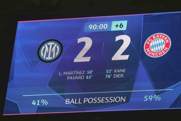 April 16, 2025, Milan, Lombardy, Italy: Jumbotron displays the final score of 2:2 in the UEFA 2024 25 Quarter-Final second leg game between FC INTER and BAYERN MUNICH at the San Siro stadium in Milan, Italy Milan Italy - ZUMAc179 20250416_zep_c179_078 Copyright: xMickaelxChavetx