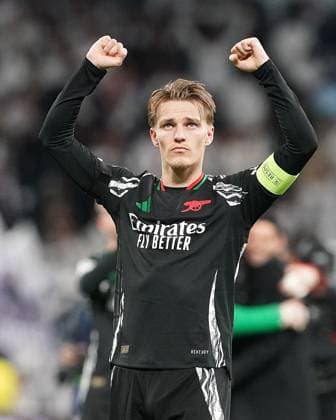 Fußball, CL, Real Madrid - FC Arsenal REAL MADRID CF v ARSENAL FC. CHAMPIONS LEAGUE 2024 2025. ROUND OF 8. 2ND LEG MATCH. Arsenal FC s Martin Odegaard celebrates the victory in Champions League 2024 2025 Round of 8. April 16,2025. (ALTERPHOTOS Acero) MadridSpain  Copyright: xAcerox