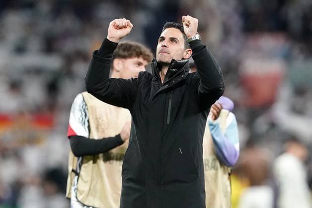 Fußball, CL, Real Madrid - FC Arsenal REAL MADRID CF v ARSENAL FC. CHAMPIONS LEAGUE 2024 2025. ROUND OF 8. 2ND LEG MATCH. Arsenal FC s coach Mikel Arteta celebrates the victory in Champions League 2024 2025 Round of 8. April 16,2025. (ALTERPHOTOS Acero) MadridSpain  Copyright: xAcerox