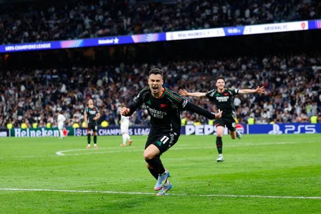 Fußball, CL, Real Madrid - FC Arsenal April 16, 2025, Madrid, Madrid, SPAIN: Gabriel Martinelli of Arsenal FC celebrates a goal during the UEFA Champions League 2024 25 Quarter Final Second Leg match between Real Madrid C.F. and Arsenal FC at Santiago Bernabeu stadium on April 16, 2025, in Madrid, Spain. Madrid SPAIN - ZUMAa181 20250416_zaa_a181_159 Copyright: xDennisxAgyemanx