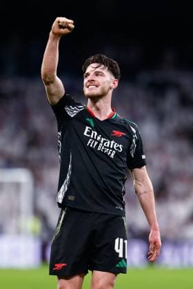 Fußball, CL, Real Madrid - FC Arsenal April 16, 2025, Madrid,Spain: DECLAN RICE of Arsenal FC celebrates a goal scored by Martinelli of Arsenal FC during the UEFA Champions League 2024 25 Quarter Final Second Leg match between Real Madrid C.F. and Arsenal FC at Santiago Bernabeu stadiumn. Arsenal won 2:1. Madrid Spain - ZUMAa181 20250416_zaa_a181_164 Copyright: xDennisxAgyemanx