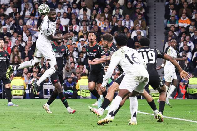 Fußball, CL, Real Madrid - FC Arsenal UEFA Champions League soccer match Real Madrid vs Arsenal at Santiago Bernabeu stadium in Madrid. Spain 16 April 2025 Rudiger 900 Cordon Press  900 CordonxPress LOF - Real Madrid vs Arsenal