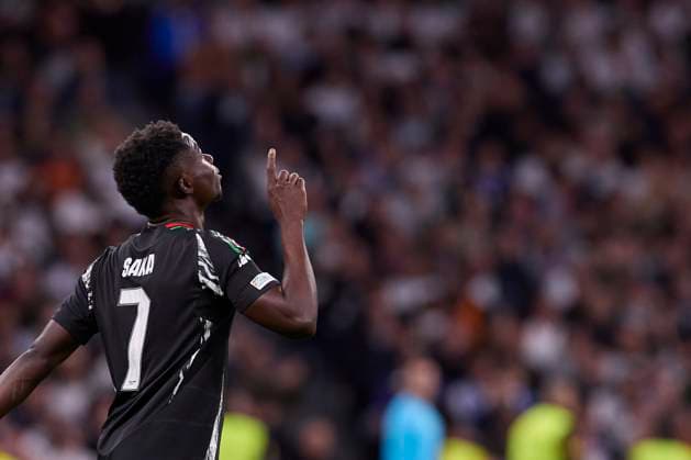 Fußball, CL, Real Madrid - FC Arsenal April 16, 2025, Madrid, Spain: Bukayo Saka of Arsenal FC celebrates a goal during the UEFA Champions League 2024 25 Quarter Final Second Leg match between Real Madrid CF and Arsenal FC at Santiago Bernabeu Stadium. Final score: Real Madrid CF 1 : 2 Arsenal FC Madrid Spain - ZUMAs197 20250416_aaa_s197_081 Copyright: xFedericoxTitonex