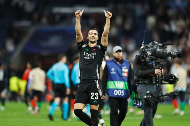 Fußball, CL, Real Madrid - FC Arsenal Mikel Merino (Arsenal), APRIL 16, 2025 - Football Soccer : Merino celebrate after winning UEFA Champions League Quarter-finals 2nd leg match between Real Madrid CF 1-2 Arsenal FC at the Estadio Santiago Bernabeu in Madrid, Spain. Noxthirdxpartyxsales  (287881129)