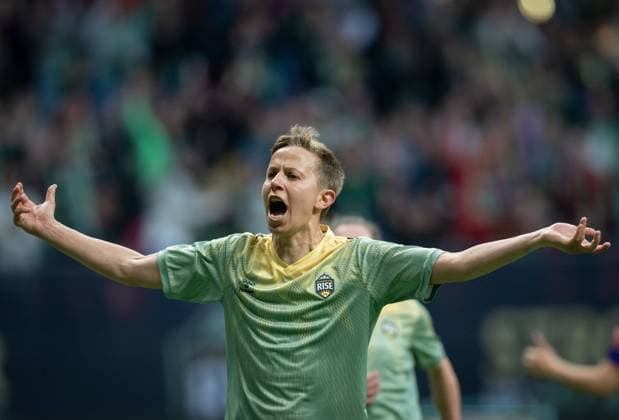 April 16, 2025, Vancouver, Bc, CANADA: Vancouver Rise s Quinn celebrates their goal against the Calgary Wild during the first half of an NSL match in Vancouver on Wednesday, April 16, 2025. Canada News - April 16, 2025  - ZUMAc35_ 20250416_zaf_c35_243 Copyright: xEthanxCairnsx