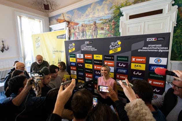 à 100 jours du grand départ du Tour de France Femme PHOTOPQR LE TELEGRAMME Vincent Le Guern ; ; 17 04 2025 ; Vannes (56) 17-04-2025 : à 100 jours du grand départ du Tour de France Femmes, Marion Rousse, directrice de l épreuve, était à Vannes pour lancer le compte à rebours Vannes, France, april 17th 2025. 100 days before the start of the cycling race Women s Tour de France France  Copyright: xPHOTOPQR LExTELEGRAMME MAXPPPxVincentxLexGuernx 20250417TGB8511 20250417TGB8511