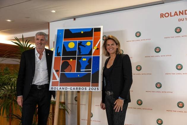 Paris 17 04 2025 Press conference French Open 2025 Roland Garros f l , Gilles Moretton and Amelie Mauresmo, poster Roland Garros 2025 Copyright: HMBxMedia AntonioxBorga