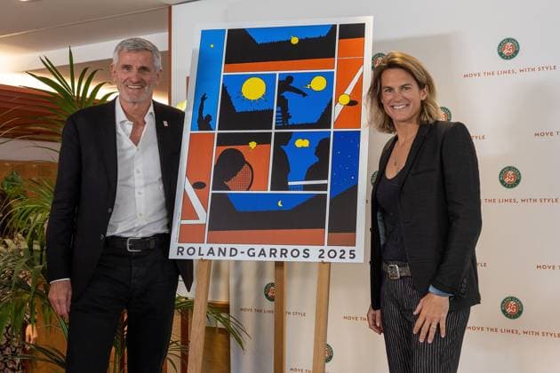 Paris 17 04 2025 Press conference French Open 2025 Roland Garros f l , Gilles Moretton and Amelie Mauresmo, poster Roland Garros 2025 Copyright: HMBxMedia AntonioxBorga