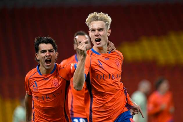 17h April 2025; Suncorp Stadium, Brisbane, Queensland, Australia: A League Football, Brisbane Roar versus Western United; Sam Klein of Brisbane Roar celebrates with Jacob Brazete after scoring in the 2nd minute to make it 1-0  ActionPlus12775383 NigelxOwen Content restricted for UK based newspaper