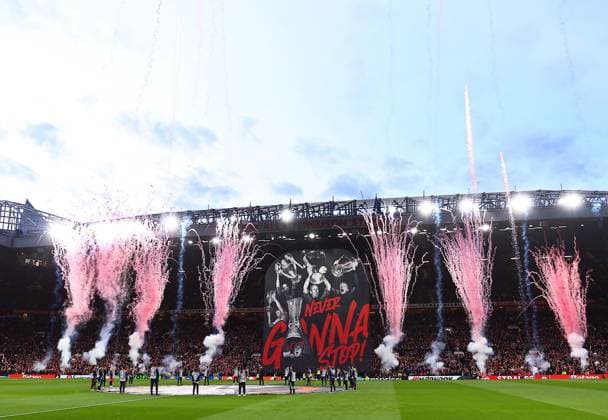 A tifo is displayed ahead of the match Manchester United, ManU v Olympique Lyonnais, UEFA Europa League, Quarter Final, Second Leg, Football, Old Trafford, Manchester, UK - 17 Apr 2025 EDITORIAL USE ONLY No use with unauthorised audio, video, data, fixture lists, club league logos or live services. Online in-match use limited to 120 images, no video emulation. No use in betting, games or single club league player publications. Copyright: xMattxWest Shutterstockx 15253946k