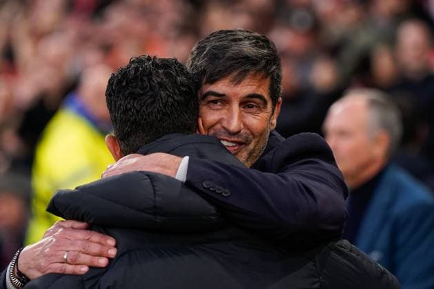Manchester, England, 17th April 2025. Paulo Fonseca manager of Lyon embraces Ruben Amorim manager of Manchester United, ManU ahead of kick off of the Manchester United vs Olympique Lyonnais Quarter Final 2nd Leg UEFA Europa League match at Old Trafford, Manchester. Picture credit should read: Andrew Yates Sportimage EDITORIAL USE ONLY. No use with unauthorised audio, video, data, fixture lists, club league logos or live services. Online in-match use limited to 120 images, no video emulation. No use in betting, games or single club league player publications. SPI_032_AY_MANCHESTER_UNITED_V_OLYMPIQUE_LYONNAIS SPI-3844-0023