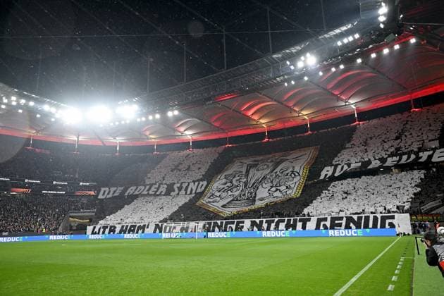 17 04 2025, xjhx, Football UEFA Europa League, Eintracht Frankfurt Tottenham Hotspur v l Choreography Choreography of Eintrach fans Spectators Ultras Frankfurt The eagles are on the prowl, we still havent had enough In reference to a song by the band Boehse Onkelz DFL DFB REGULATIONS PROHIBIT ANY USE OF PHOTOGRAPHS as IMAGE SEQUENCES and or QUASI VIDEO Frankfurt am Main