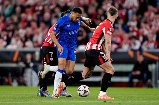 Cyriel Dessers of Rangers surrounded Athletic Bilbao v Rangers, UEFA Europa League, Quarter Final, First Leg, Football, Estadio de San Mams, Bilbao, Spain - 17 Apr 2025 EDITORIAL USE ONLY No use with unauthorised audio, video, data, fixture lists, club league logos or live services. Online in-match use limited to 120 images, no video emulation. No use in betting, games or single club league player publications. Copyright: xGokhanxTaner Shutterstockx 15253954bi