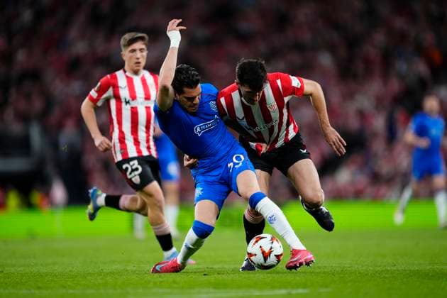 Athletic Club v Rangers FC - UEFA Europa League 2024 25 Quarter Final Second Leg Ianis Hagi attacking midfield of Rangers FC and Romania and Dani Vivian centre-back of Athletic Club and Spain compete for the ball during the UEFA Europa League 2024 25 Quarter Final Second Leg match between Athletic Club and Rangers FC at Estadio de San Mames on April 17, 2025 in Bilbao, Spain. Bilbao Spain  Copyright: xJosexBretonx originalFilename:bretonhernandez-athletic250417_npQfm.jpg