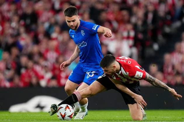 Athletic Club v Rangers FC - UEFA Europa League 2024 25 Quarter Final Second Leg Nicolas Raskin central midfield of Rangers FC and Belgium and Oihan Sancet attacking midfield of Athletic Club and Spain compete for the ball during the UEFA Europa League 2024 25 Quarter Final Second Leg match between Athletic Club and Rangers FC at Estadio de San Mames on April 17, 2025 in Bilbao, Spain. Bilbao Spain  Copyright: xJosexBretonx originalFilename:bretonhernandez-athletic250417_npDeV.jpg