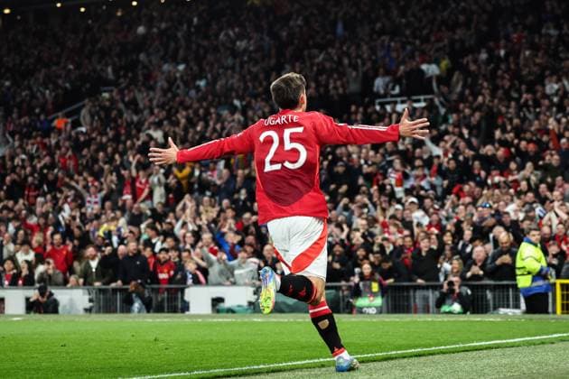 UEFA Europa League Quarter-finals Manchester United, ManU v Lyon Manuel Ugarte of Manchester United celebrates his goal to make it 1-0 during the UEFA Europa League Quarter-finals match Manchester United vs Lyon at Old Trafford, Manchester, United Kingdom, 17th April 2025 (Photo by Mark Cosgrove News Images) Manchester Old Trafford Greater Manchester United Kingdom Copyright: xMarkxCosgrove NewsxImagesx