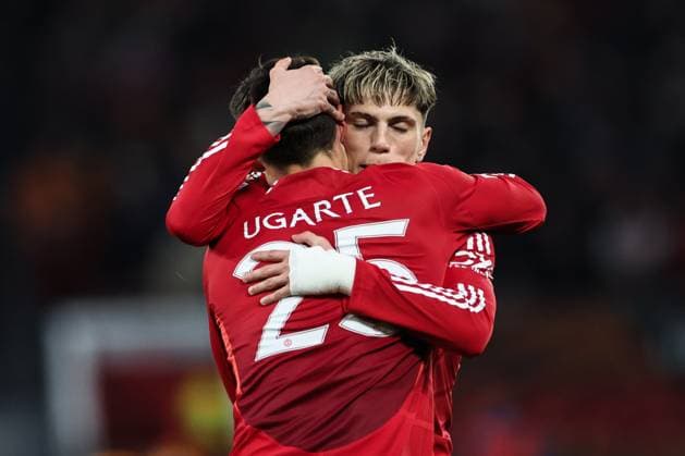 UEFA Europa League Quarter-finals Manchester United, ManU v Lyon Manuel Ugarte of Manchester United celebrates his goal to make it 1-0 with Alejandro Garnacho of Manchester United during the UEFA Europa League Quarter-finals match Manchester United vs Lyon at Old Trafford, Manchester, United Kingdom, 17th April 2025 (Photo by Mark Cosgrove News Images) Manchester Old Trafford Greater Manchester United Kingdom Copyright: xMarkxCosgrove NewsxImagesx