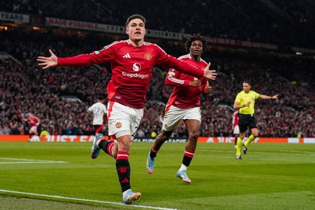 Manchester, England, 17th April 2025. Manuel Ugarte of Manchester United, ManU celebrates his goal to make it 1-0 during the Manchester United vs Olympique Lyonnais Quarter Final 2nd Leg UEFA Europa League match at Old Trafford, Manchester. Picture credit should read: Andrew Yates Sportimage EDITORIAL USE ONLY. No use with unauthorised audio, video, data, fixture lists, club league logos or live services. Online in-match use limited to 120 images, no video emulation. No use in betting, games or single club league player publications. SPI_041_AY_MANCHESTER_UNITED_V_OLYMPIQUE_LYONNAIS SPI-3844-0032