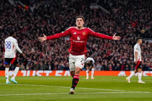Manchester, England, 17th April 2025. Manuel Ugarte of Manchester United, ManU celebrates his goal to make it 1-0 during the Manchester United vs Olympique Lyonnais Quarter Final 2nd Leg UEFA Europa League match at Old Trafford, Manchester. Picture credit should read: Andrew Yates Sportimage EDITORIAL USE ONLY. No use with unauthorised audio, video, data, fixture lists, club league logos or live services. Online in-match use limited to 120 images, no video emulation. No use in betting, games or single club league player publications. SPI_052_AY_MANCHESTER_UNITED_V_OLYMPIQUE_LYONNAIS SPI-3844-0036