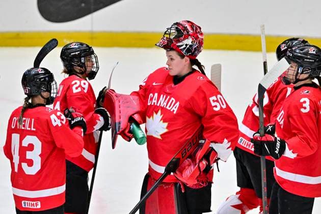 L-R Kristin O Neill, Marie-Philip Poulin and goalkeeper Kristen Campbell (all CAN) are seen during the IIHF Women s World Championship, WM, Weltmeisterschaft quarterfinal match Canada vs Japan, in Ceske Budejovice, Czech Republic, on April 17, 2025. (CTKxPhoto VaclavxPancer) CTKPhotoP2025041708792  CTKPhotoP2025041708792