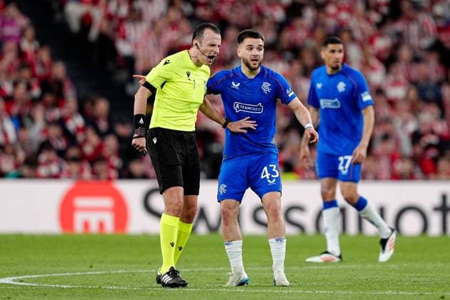 Nicolas Raskin of Rangers (R) appeals to Referee Irfan Peljto Athletic Bilbao v Rangers, UEFA Europa League, Quarter Final, First Leg, Football, Estadio de San Mams, Bilbao, Spain - 17 Apr 2025 EDITORIAL USE ONLY No use with unauthorised audio, video, data, fixture lists, club league logos or live services. Online in-match use limited to 120 images, no video emulation. No use in betting, games or single club league player publications. Copyright: xGokhanxTaner Shutterstockx 15253954bv
