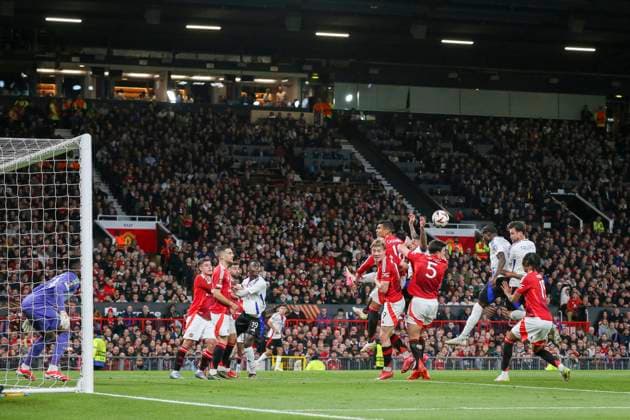 Manchester United, ManU FC v Olympique Lyonnais Lyon midfielder Paul Akouokou (4) heads the ball at goal Manchester United goalkeeper Andre Onana (24) saves during the Manchester United FC v Olympique Lyonnais UEFA Europa League Quarter-Final 2nd leg match at Old Trafford, Manchester, England, United Kingdom on 17 April 2025 Credit: Phil Duncan Every Second Media Editorial use only. All images are copyright Every Second Media Limited. No images may be reproduced without prior permission. Copyright: xIMAGO EveryxSecondxMediax ESM-1423-0010 PhilxDuncanx xEveryxSecondxMediax