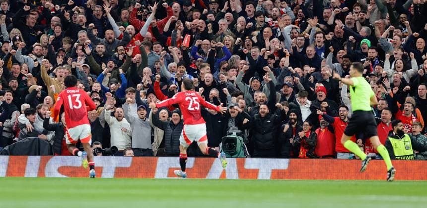 17th April 2025; Old Trafford, Manchester, England; Europa League Quarter Final Second Leg Football, Manchester United, ManU versus Lyon; Manuel Ugarte of Manchester United celebrates as he scores to make it 1-0 in the 11th minute  ActionPlus12775506 RogerxEvans