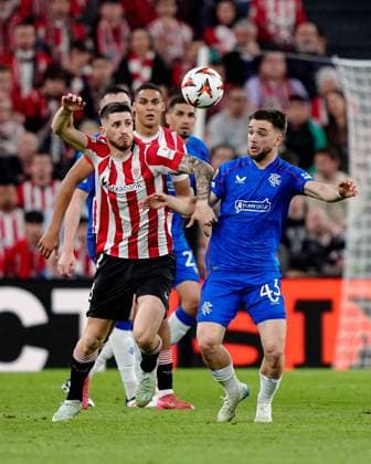 Nicolas Raskin of Rangers battles with Oihan Sancet of Athletic Bilbao Athletic Bilbao v Rangers, UEFA Europa League, Quarter Final, First Leg, Football, Estadio de San Mams, Bilbao, Spain - 17 Apr 2025 EDITORIAL USE ONLY No use with unauthorised audio, video, data, fixture lists, club league logos or live services. Online in-match use limited to 120 images, no video emulation. No use in betting, games or single club league player publications. Copyright: xGokhanxTaner Shutterstockx 15253954by