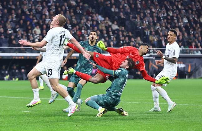 James Maddison of Tottenham Hotspur is fouled by Kaua Santos of Eintracht Frankfurt - penalty given Eintracht Frankfurt v Tottenham Hotspur, UEFA Europa League, Quarter Final, Second Leg, Football, Deutsche Bank Park, Frankfurt, Germany - 17 Apr 2025 EDITORIAL USE ONLY No use with unauthorised audio, video, data, fixture lists, club league logos or live services. Online in-match use limited to 120 images, no video emulation. No use in betting, games or single club league player publications. Copyright: xMichaelxZemanek Shutterstockx 15253955n