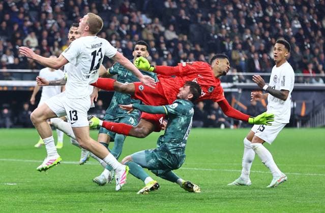 James Maddison of Tottenham Hotspur is fouled by Kaua Santos of Eintracht Frankfurt - penalty given Eintracht Frankfurt v Tottenham Hotspur, UEFA Europa League, Quarter Final, Second Leg, Football, Deutsche Bank Park, Frankfurt, Germany - 17 Apr 2025 EDITORIAL USE ONLY No use with unauthorised audio, video, data, fixture lists, club league logos or live services. Online in-match use limited to 120 images, no video emulation. No use in betting, games or single club league player publications. Copyright: xMichaelxZemanek Shutterstockx 15253955o
