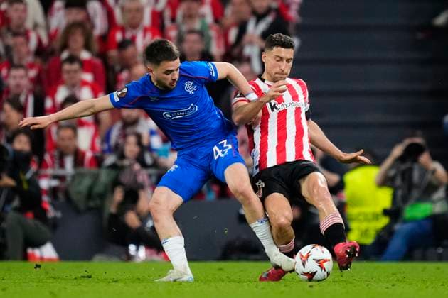 Athletic Club v Rangers FC - UEFA Europa League 2024 25 Quarter Final Second Leg Nicolas Raskin central midfield of Rangers FC and Belgium and Oscar de Marcos right-back of Athletic Club and Spain compete for the ball during the UEFA Europa League 2024 25 Quarter Final Second Leg match between Athletic Club and Rangers FC at Estadio de San Mames on April 17, 2025 in Bilbao, Spain. Bilbao Spain  Copyright: xJosexBretonx originalFilename:bretonhernandez-athletic250417_npzGv.jpg