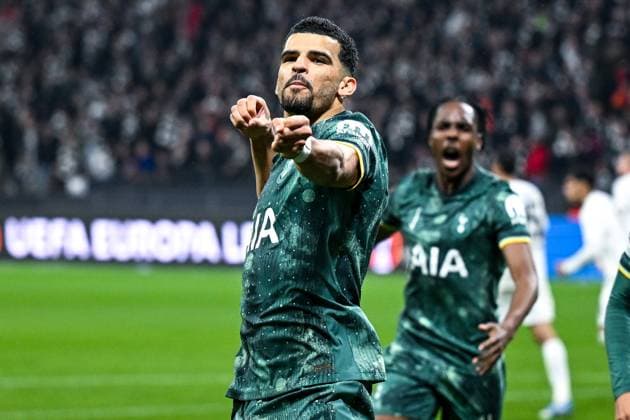 Dominic Solanke Tottenham Hotspur, 19 celebrates the goal for 0 1, GER, Eintracht Frankfurt vs Tottenham Hotspur, Football, UEFA Europa League, quarter-finals, 2024 2025 season, 17 04 2025 GER, Eintracht Frankfurt vs Tottenham Hotspur, Football, UEFA Europa League, quarter-finals, 2024 2025 season, 17 04 2025 Frankfurt Copyright: xEibner-Pressefoto FlorianxWiegandx EP_FWD