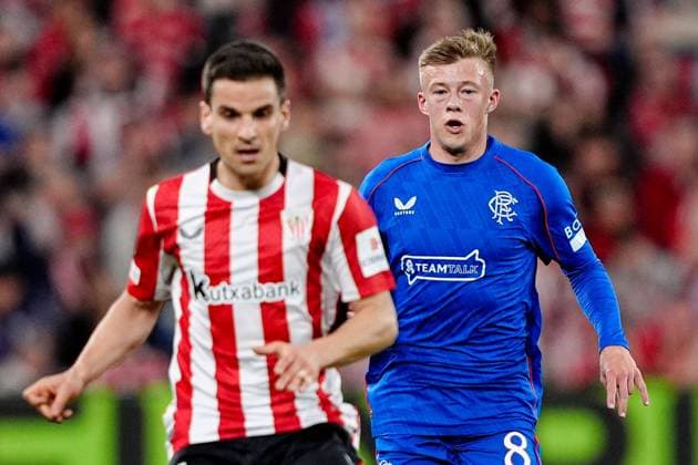 Inigo Ruiz de Galarreta of Athletic Bilbao (L) and Connor Barron of Rangers (R) Athletic Bilbao v Rangers, UEFA Europa League, Quarter Final, First Leg, Football, Estadio de San Mams, Bilbao, Spain - 17 Apr 2025 EDITORIAL USE ONLY No use with unauthorised audio, video, data, fixture lists, club league logos or live services. Online in-match use limited to 120 images, no video emulation. No use in betting, games or single club league player publications. Copyright: xGokhanxTaner Shutterstockx 15253954cj