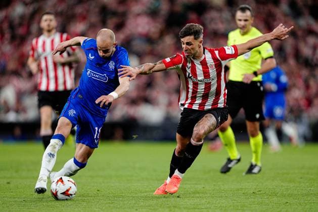 Vaclav Cerný of Rangers battles with Yeray Ãlvarez of Athletic Bilbao Athletic Bilbao v Rangers, UEFA Europa League, Quarter Final, First Leg, Football, Estadio de San Mams, Bilbao, Spain - 17 Apr 2025 EDITORIAL USE ONLY No use with unauthorised audio, video, data, fixture lists, club league logos or live services. Online in-match use limited to 120 images, no video emulation. No use in betting, games or single club league player publications. Copyright: xGokhanxTaner Shutterstockx 15253954cm