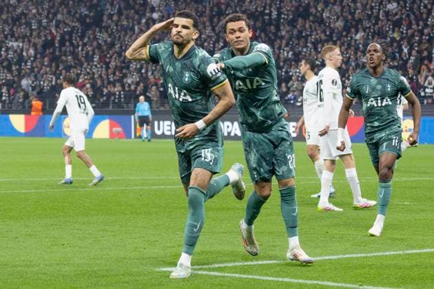 UEFA Europa League Eintracht Frankfurt Tottenham Hotspur, 17 04 2025 Dominic Solanke Tottenham Hotspur 19 celebrates his goal to make it 0 1, Eintracht Frankfurt Tottenham Hotspur, Frankfurt, Deutsche Bank Park, 17 4 2025 Copyright: xBEAUTIFULxSPORTS Gawlikx