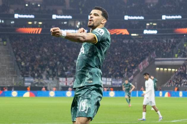UEFA Europa League Eintracht Frankfurt Tottenham Hotspur, 17 04 2025 Dominic Solanke Tottenham Hotspur 19 celebrates his goal for 0 1, bow, bowman, Eintracht Frankfurt Tottenham Hotspur, Frankfurt, Deutsche Bank Park, 17 4 2025 Copyright: xBEAUTIFULxSPORTS Gawlikx